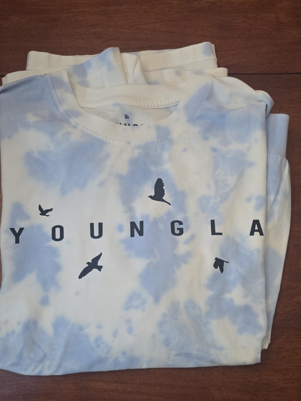 Youngland White and Light Blue Tie-Dye Tee with Bird Print